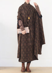 Elegant oversized mid-length coats winter brown Batwing Sleeve v neck woolen outwear - bagstylebliss
