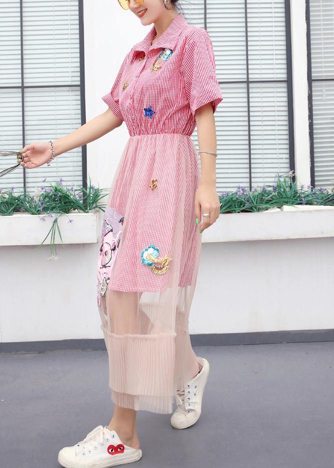 Elegant patchwork tulle cotton quilting clothes Tunic Tops pink plaid Maxi Dresses summer - bagstylebliss