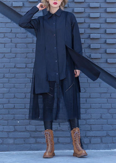 Elegant patchwork tulle cotton tunic pattern Sewing black loose Dress lapel - bagstylebliss