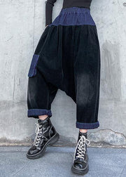 Elegant patchwork wild trousers plus size clothing black Fabrics pockets pants - bagstylebliss