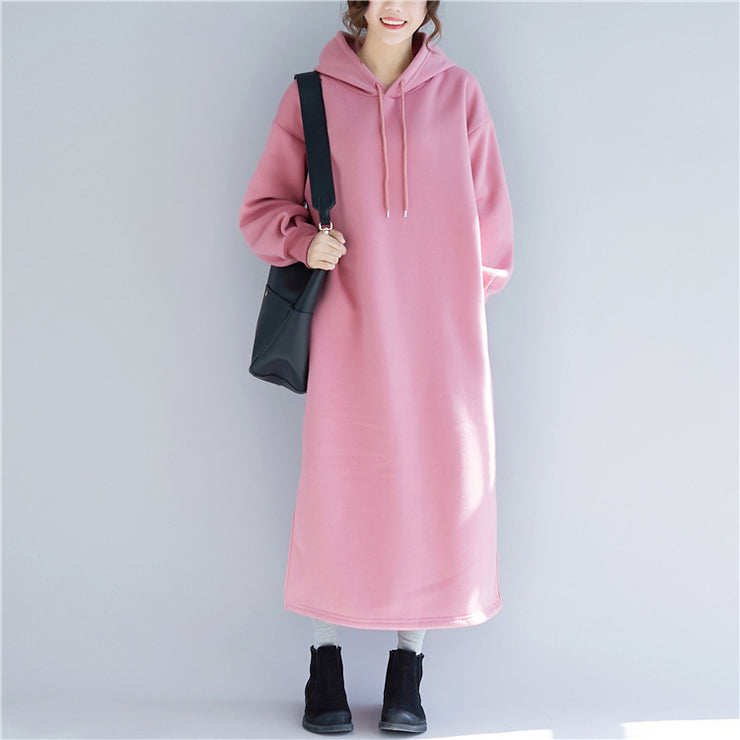 Elegant pink spring dresses plus size hooded traveling clothing side open drawstring long dress