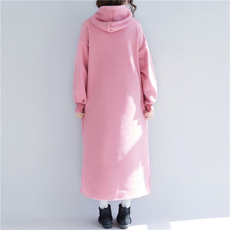 Elegant pink spring dresses plus size hooded traveling clothing side open drawstring long dress