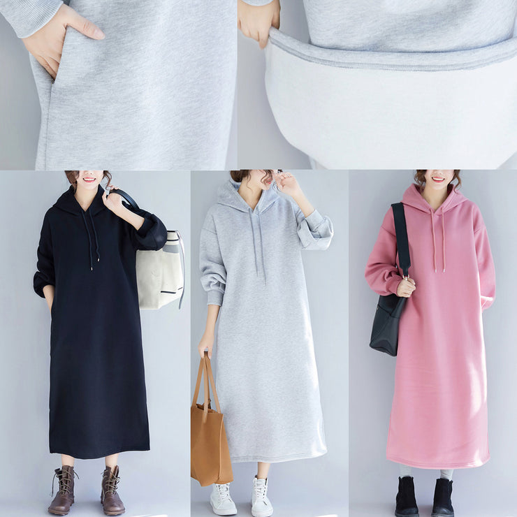 Elegant pink spring dresses plus size hooded traveling clothing side open drawstring long dress