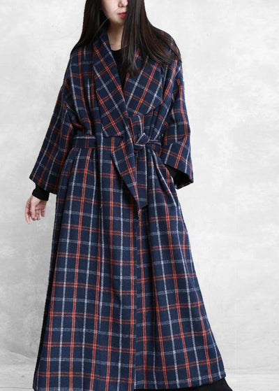 Elegant plus size Coats blue plaid Notched tie waist wool coat for woman - bagstylebliss