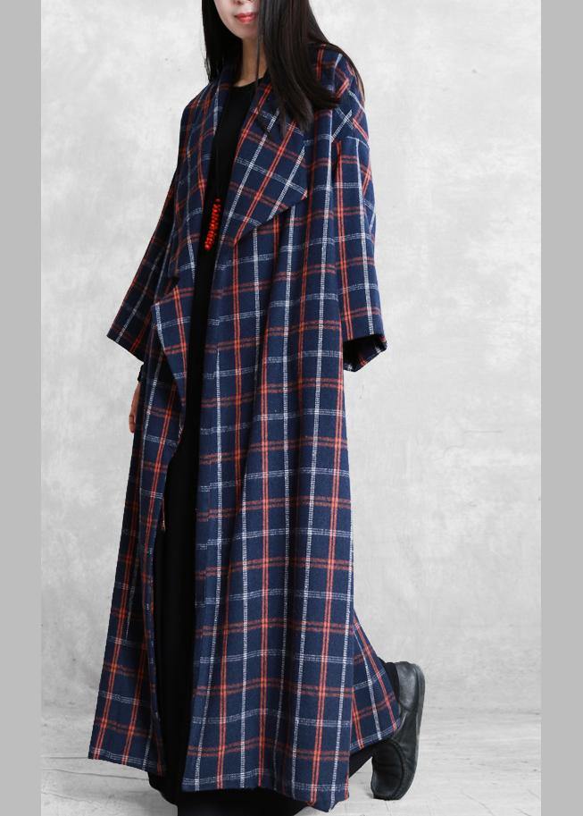 Elegant plus size Coats blue plaid Notched tie waist wool coat for woman - bagstylebliss