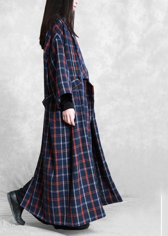 Elegant plus size Coats blue plaid Notched tie waist wool coat for woman - bagstylebliss