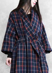 Elegant plus size Coats blue plaid Notched tie waist wool coat for woman - bagstylebliss