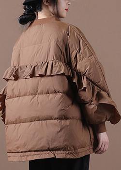 Elegant plus size clothing down jacket overcoat chocolate stand collar Ruffles down jacket - bagstylebliss