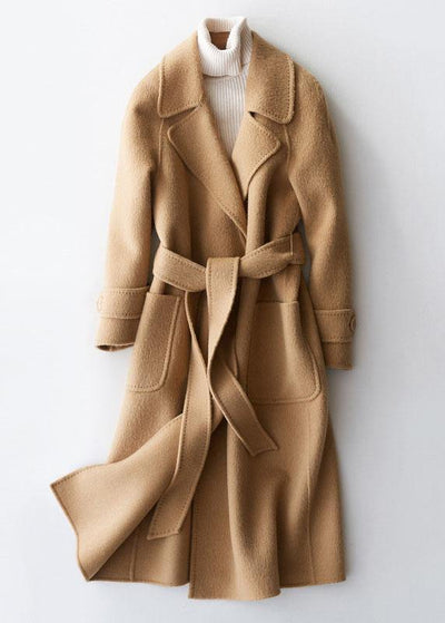 Elegant plus size clothing long jackets lapel collar women coats khaki tie waist wool overcoat - bagstylebliss