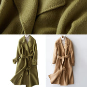 Elegant plus size clothing long jackets lapel collar women coats khaki tie waist wool overcoat - bagstylebliss