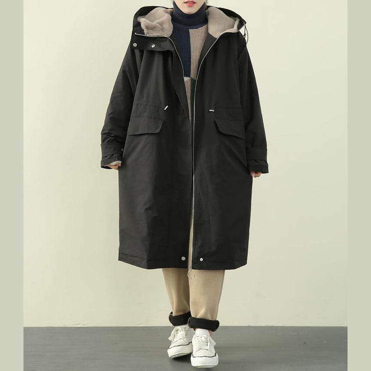 Elegant plus size clothing winter coats black hooded zippered Parkas for women - bagstylebliss