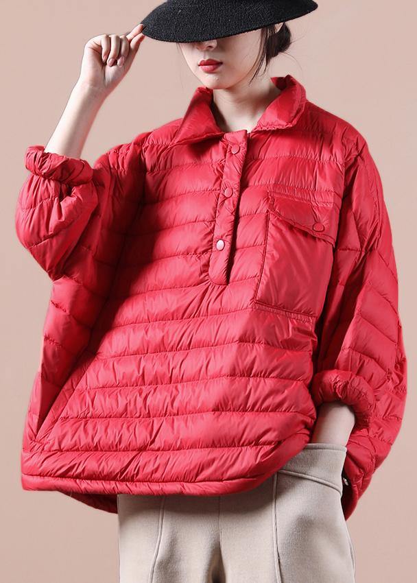 Elegant plus size down jacket overcoat red lapel pockets goose Down coat - bagstylebliss