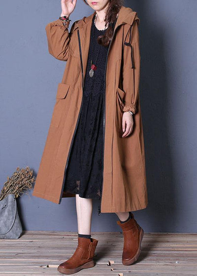 Elegant plus size long fall brown hooded drawstring coats - bagstylebliss