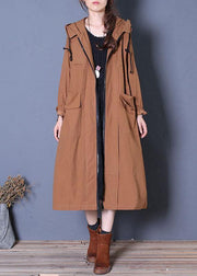 Elegant plus size long fall brown hooded drawstring coats - bagstylebliss