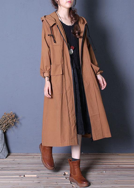 Elegant plus size long fall brown hooded drawstring coats - bagstylebliss