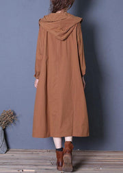 Elegant plus size long fall brown hooded drawstring coats - bagstylebliss