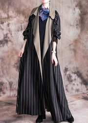 Elegant plus size long fall coat black striped Notched large hem wool overcoat - bagstylebliss