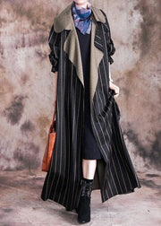 Elegant plus size long fall coat black striped Notched large hem wool overcoat - bagstylebliss