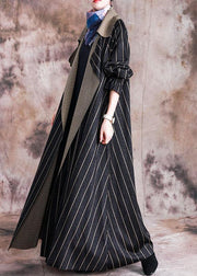 Elegant plus size long fall coat black striped Notched large hem wool overcoat - bagstylebliss