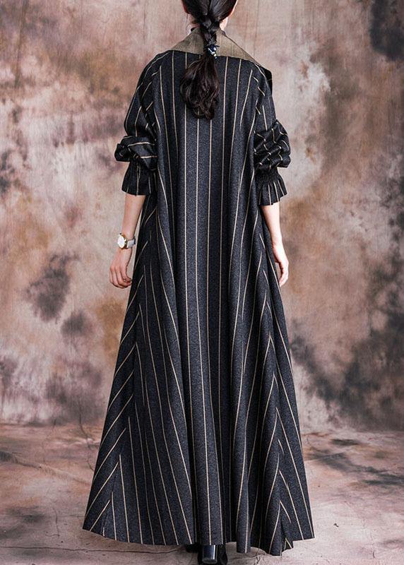 Elegant plus size long fall coat black striped Notched large hem wool overcoat - bagstylebliss