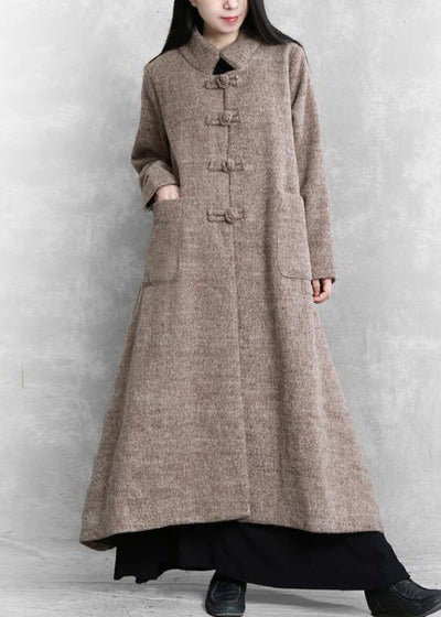 Elegant plus size long jackets women coats khaki stand collar large hem woolen coats - bagstylebliss