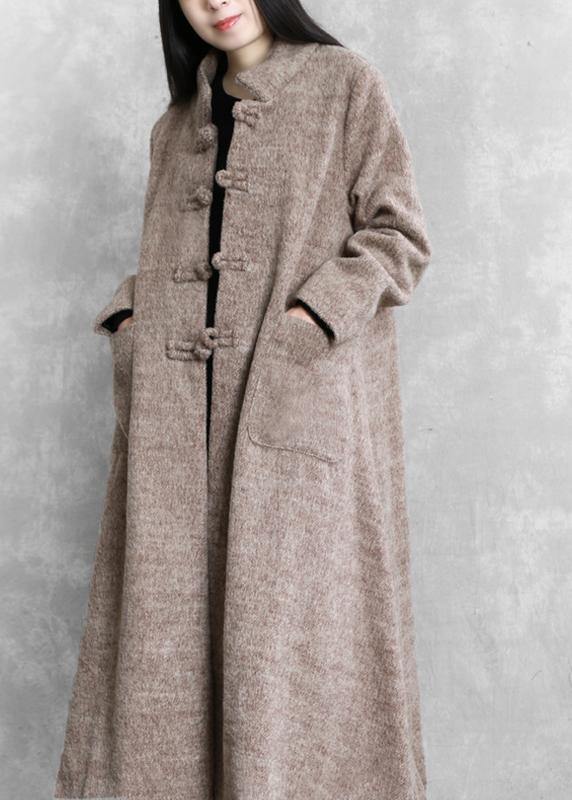 Elegant plus size long jackets women coats khaki stand collar large hem woolen coats - bagstylebliss