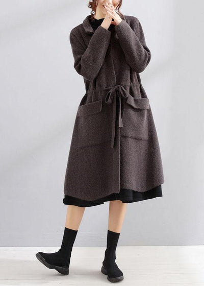 Elegant plus size maxi coat dark gray Square Collar tie waist jackets - bagstylebliss