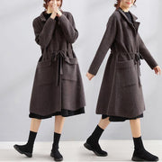 Elegant plus size maxi coat dark gray Square Collar tie waist jackets - bagstylebliss