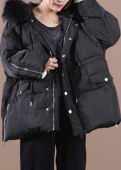 Elegant plus size snow jackets black hooded fur collar warm winter coat - bagstylebliss