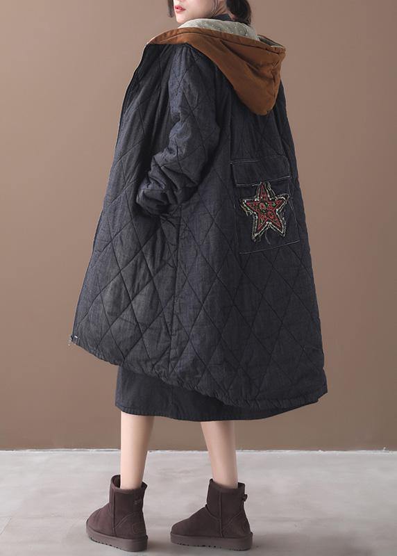 Elegant plus size warm winter coat hooded winter outwear black embroidery casual outfit - bagstylebliss