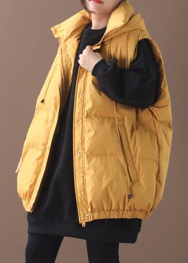 Elegant plus size warm winter coat yellow hooded sleeveless casual outfit - bagstylebliss