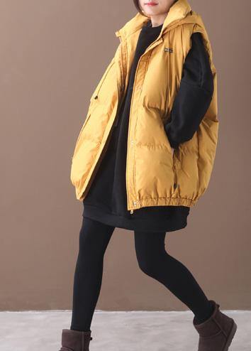 Elegant plus size warm winter coat yellow hooded sleeveless casual outfit - bagstylebliss
