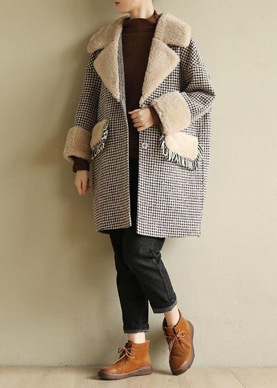 Elegant plus size winter coat patchwork jacket plaid two pockets woolen coats - bagstylebliss