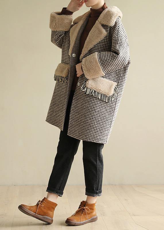 Elegant plus size winter coat patchwork jacket plaid two pockets woolen coats - bagstylebliss