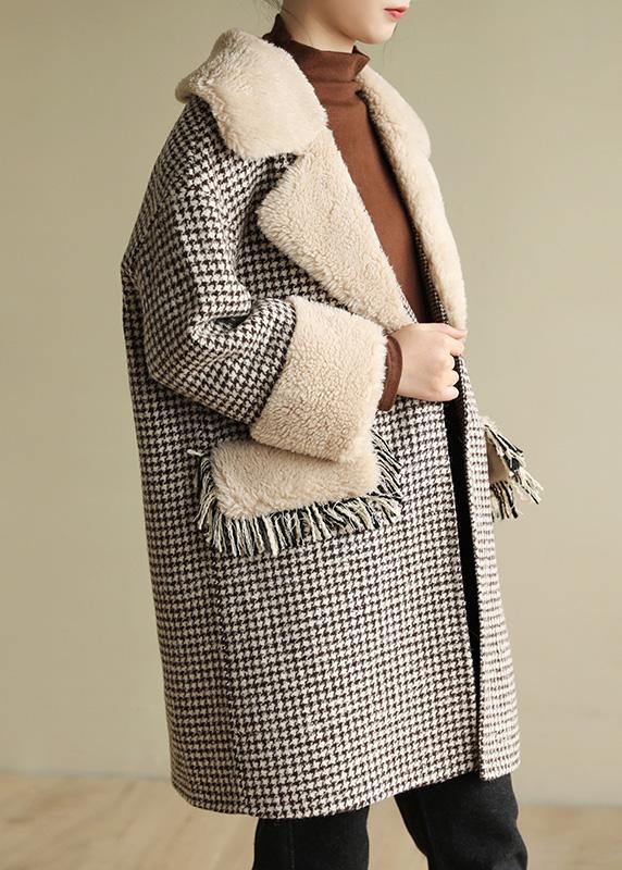 Elegant plus size winter coat patchwork jacket plaid two pockets woolen coats - bagstylebliss