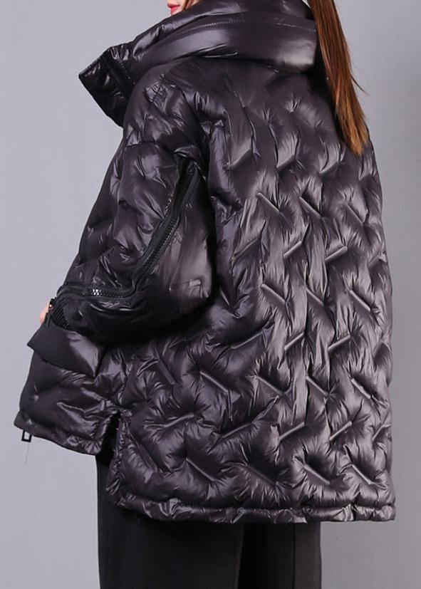 Elegant plus size winter jacket overcoat black stand collar zippered winter outwear - bagstylebliss