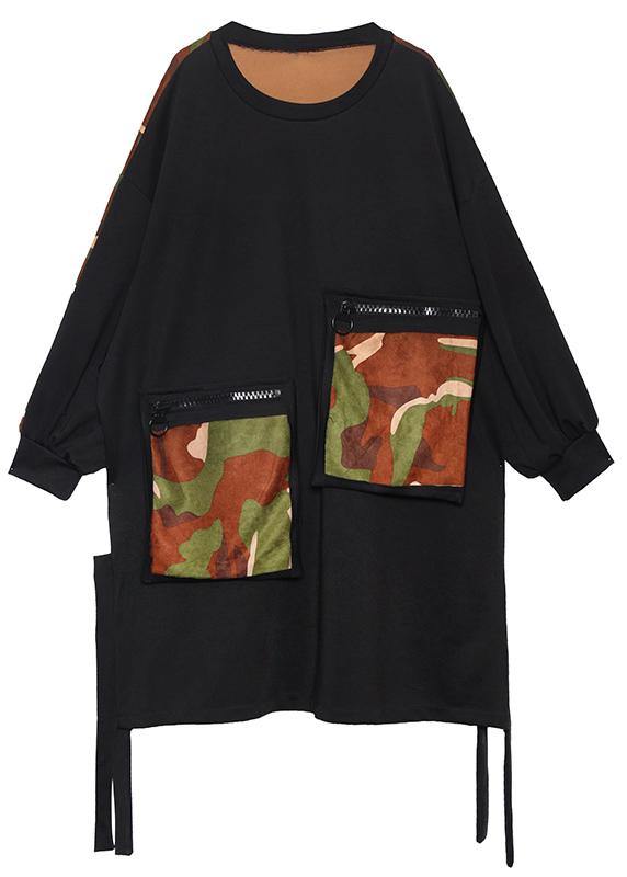 Elegant pockets side open Cotton dresses Shirts black patchwork camouflage Dresses - bagstylebliss