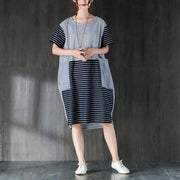 Elegant pure cotton dresses oversized Large Pockets Stripe Cotton Thin Summer Women Dress