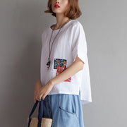 Elegant pure cotton linen tops plus size Embroidery High-low Hem Summer Short Sleeve White Blouse