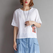 Elegant pure cotton linen tops plus size Embroidery High-low Hem Summer Short Sleeve White Blouse