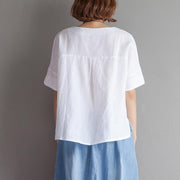 Elegant pure cotton linen tops plus size Embroidery High-low Hem Summer Short Sleeve White Blouse