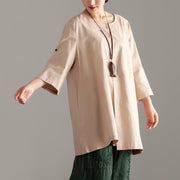 Elegant pure cotton tops oversize  Casual Short Sleeve Khaki Pocket Long Tops