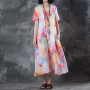 Elegant pure linen tops trendy plus size False Two-piece Short Sleeve Printed Summer Dress