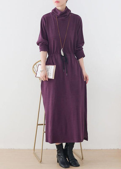 Elegant purple clothes For Women high neck drawstring Kaftan  Dresses - bagstylebliss