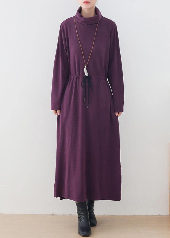 Elegant purple clothes For Women high neck drawstring Kaftan  Dresses - bagstylebliss