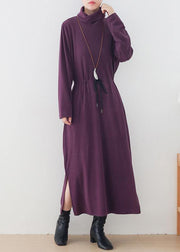 Elegant purple clothes For Women high neck drawstring Kaftan  Dresses - bagstylebliss