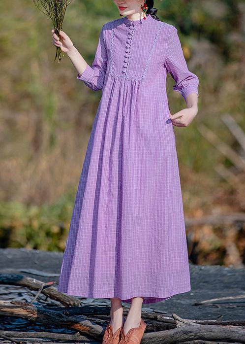 Elegant purple plaid dress stand collar pockets A Line spring Dress - bagstylebliss