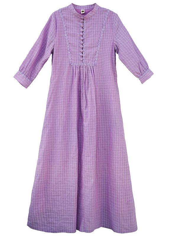Elegant purple plaid dress stand collar pockets A Line spring Dress - bagstylebliss