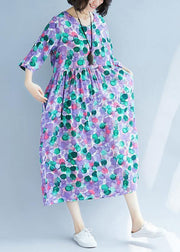 Elegant purple prints cotton linen quilting dresses Cinched waist Love summer Dress - bagstylebliss