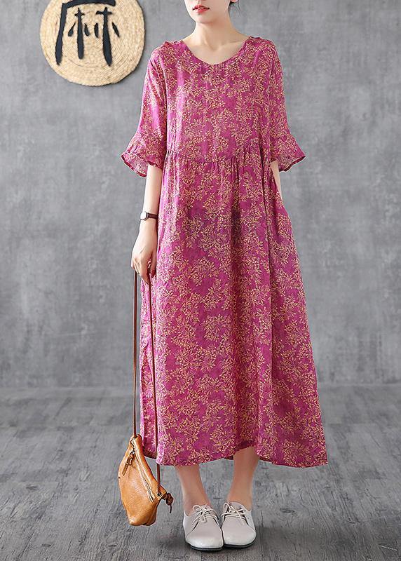 Elegant purple red print linen dress o neck Petal Sleeve loose summer Dress - bagstylebliss